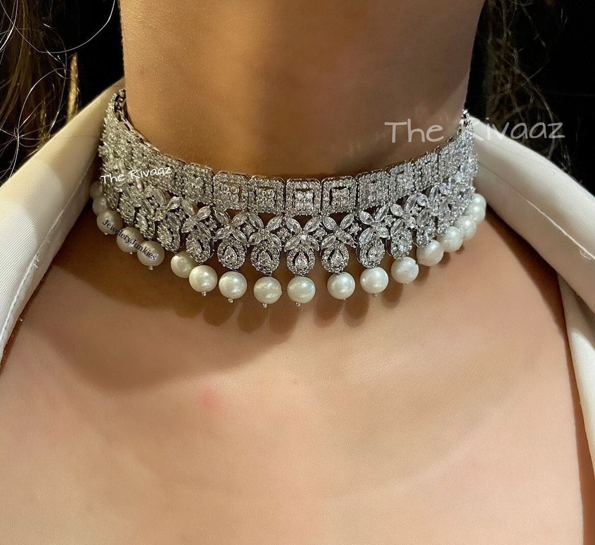 White gold choker necklace, Indian hotsell Choker Necklace , Indian jewelry, Pakistani jewelry, Bollywood jewelry ,CZ choker necklace, Gift for her