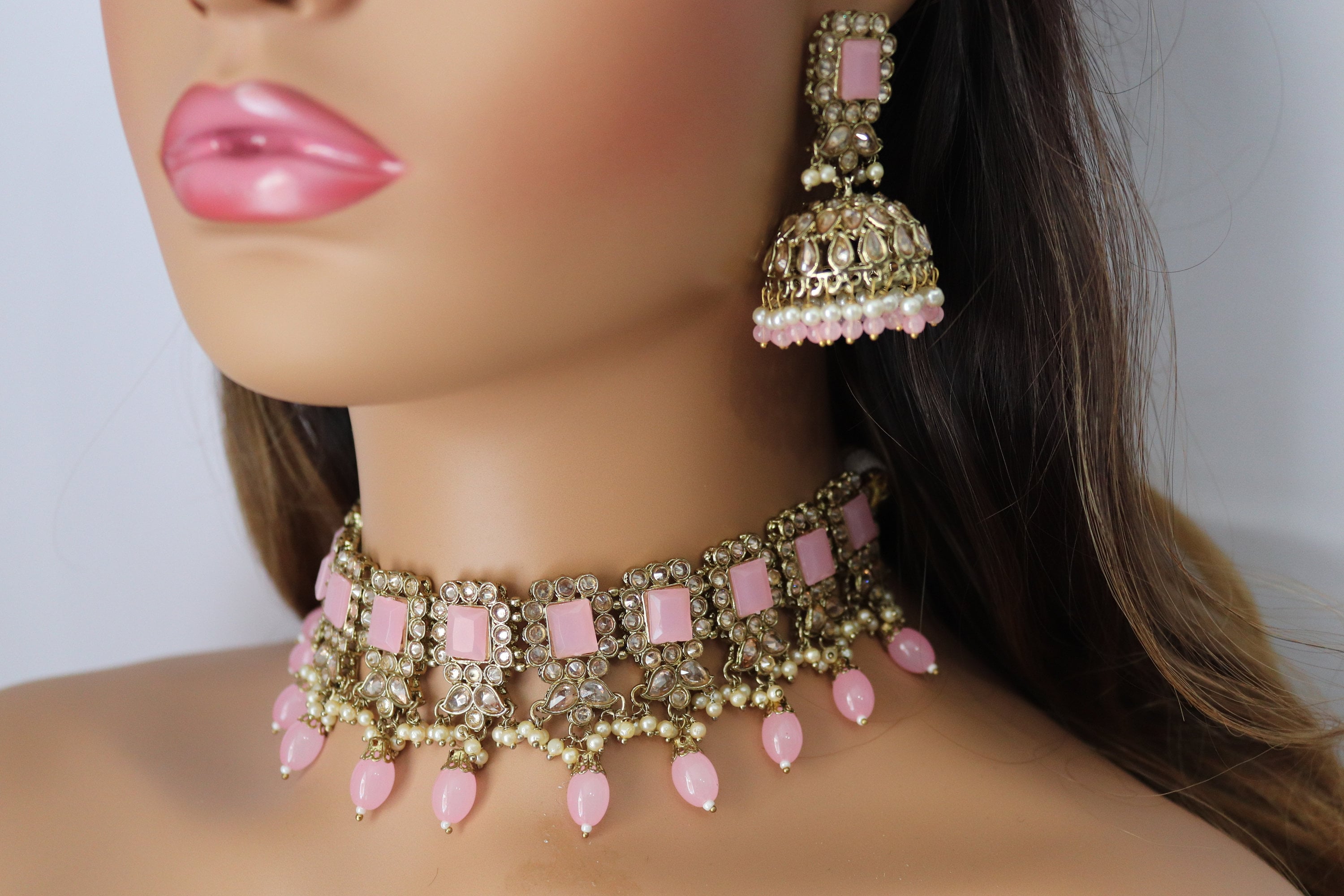 Indian Pakistani good necklace earrings set polki kundan pink