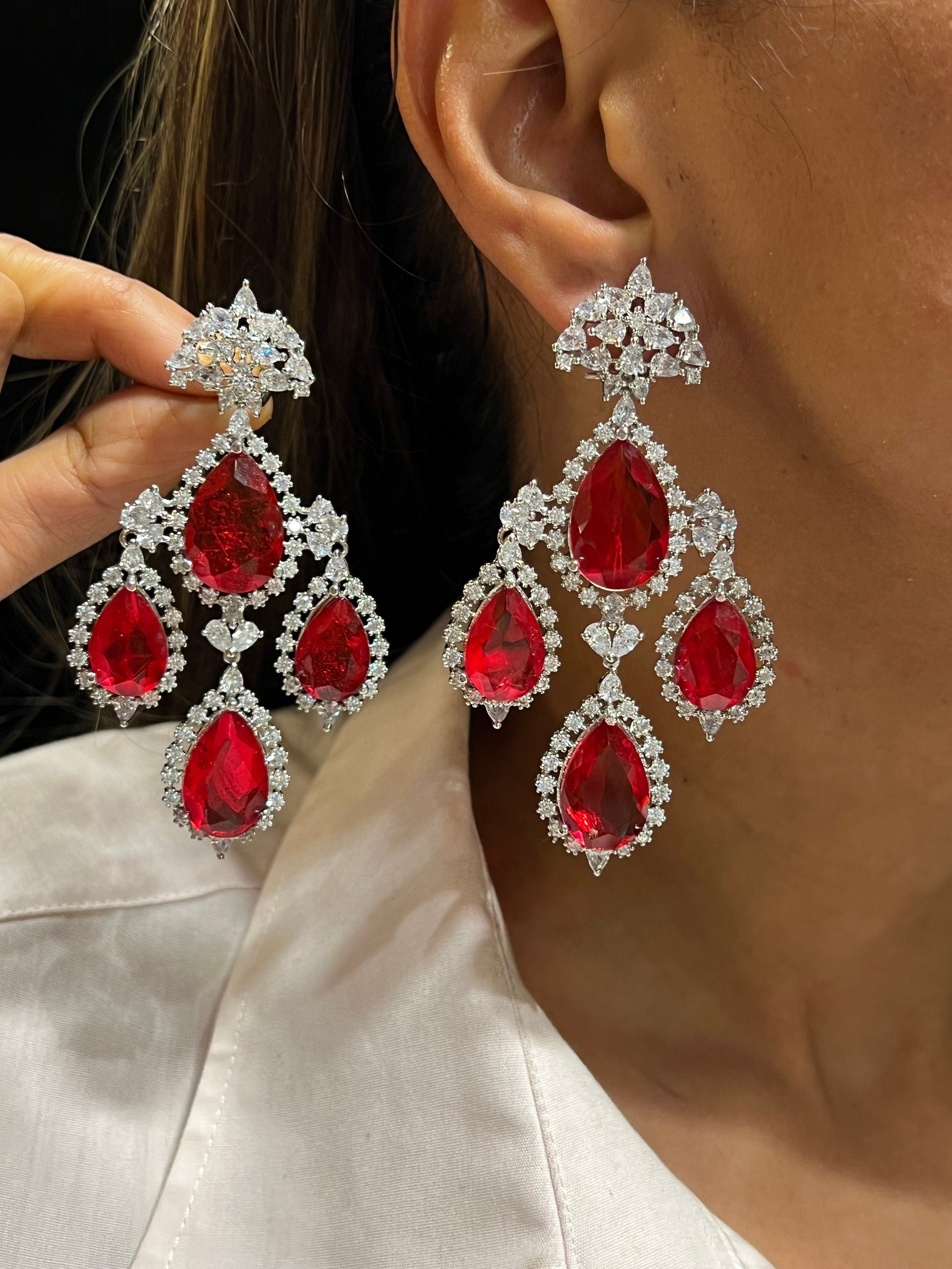 Ruby red Cz Stones Silver popular Diamond Chandelier Earrings,Indian Jewelry,Statement Earrings,Diamond Earrings,Indian earrings, Cz jewelry