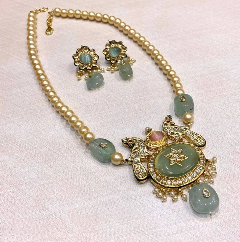 Mint Long Kundan Set