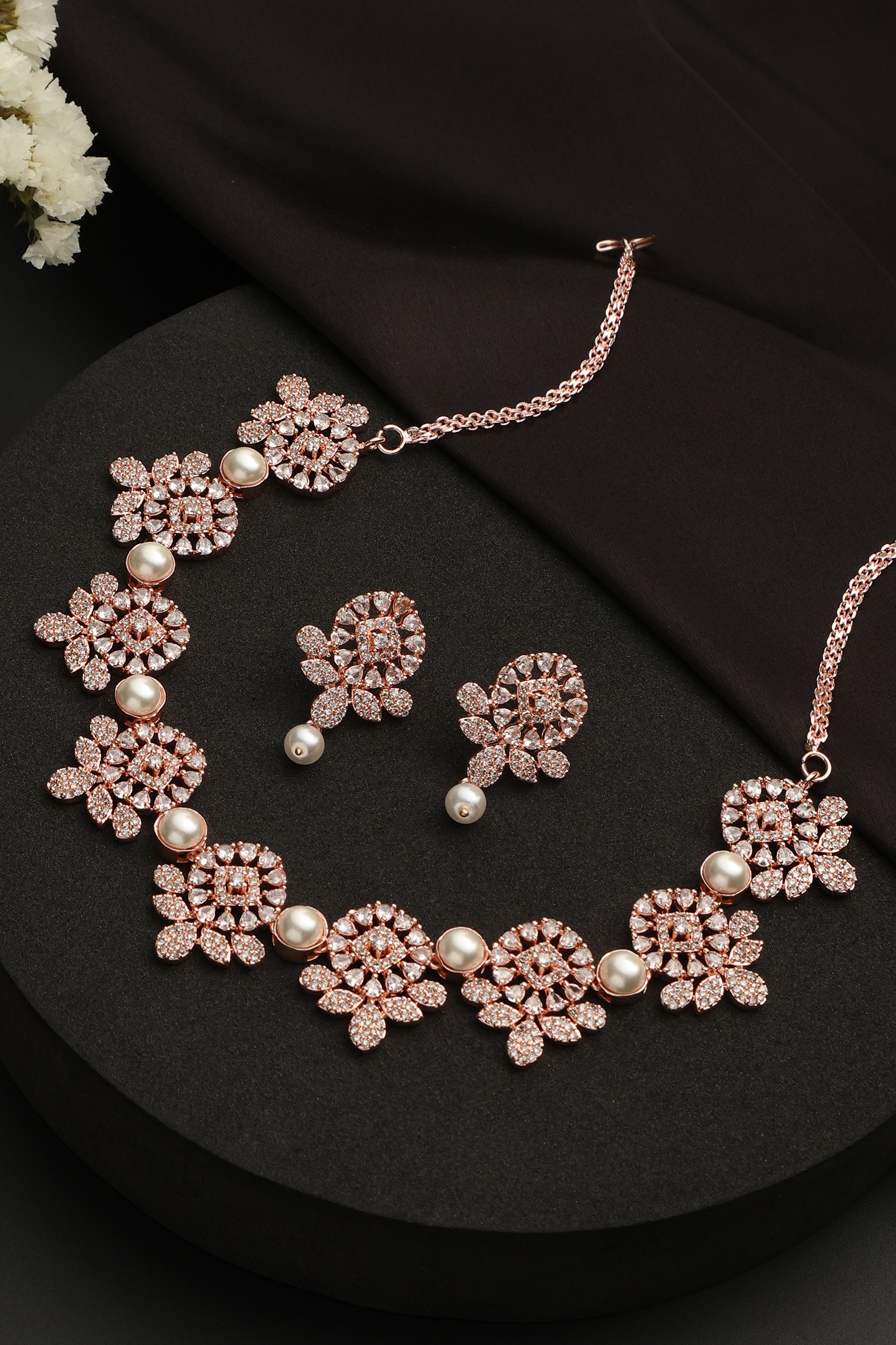 Rose Gold Pearl CZ Necklace