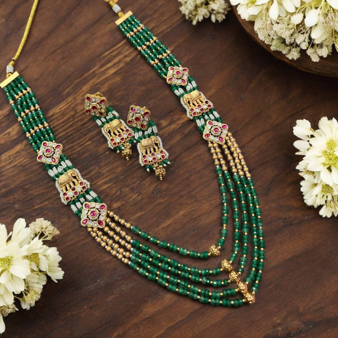 Dipa Long Green Kundan Necklace Set