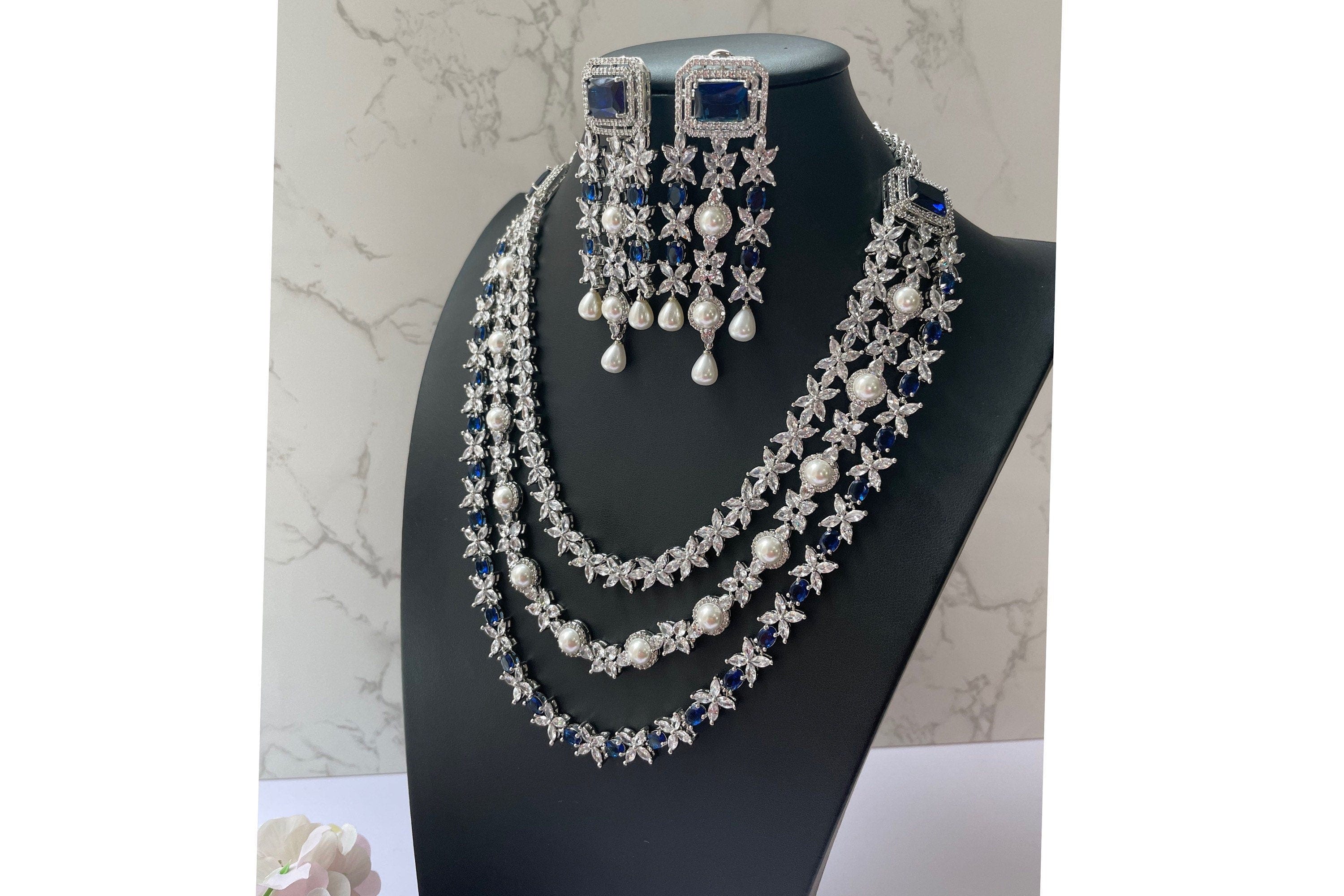 GlambyRivaaz Clearance Sale Vanya Blue Diamond Pearl Long Necklace Set