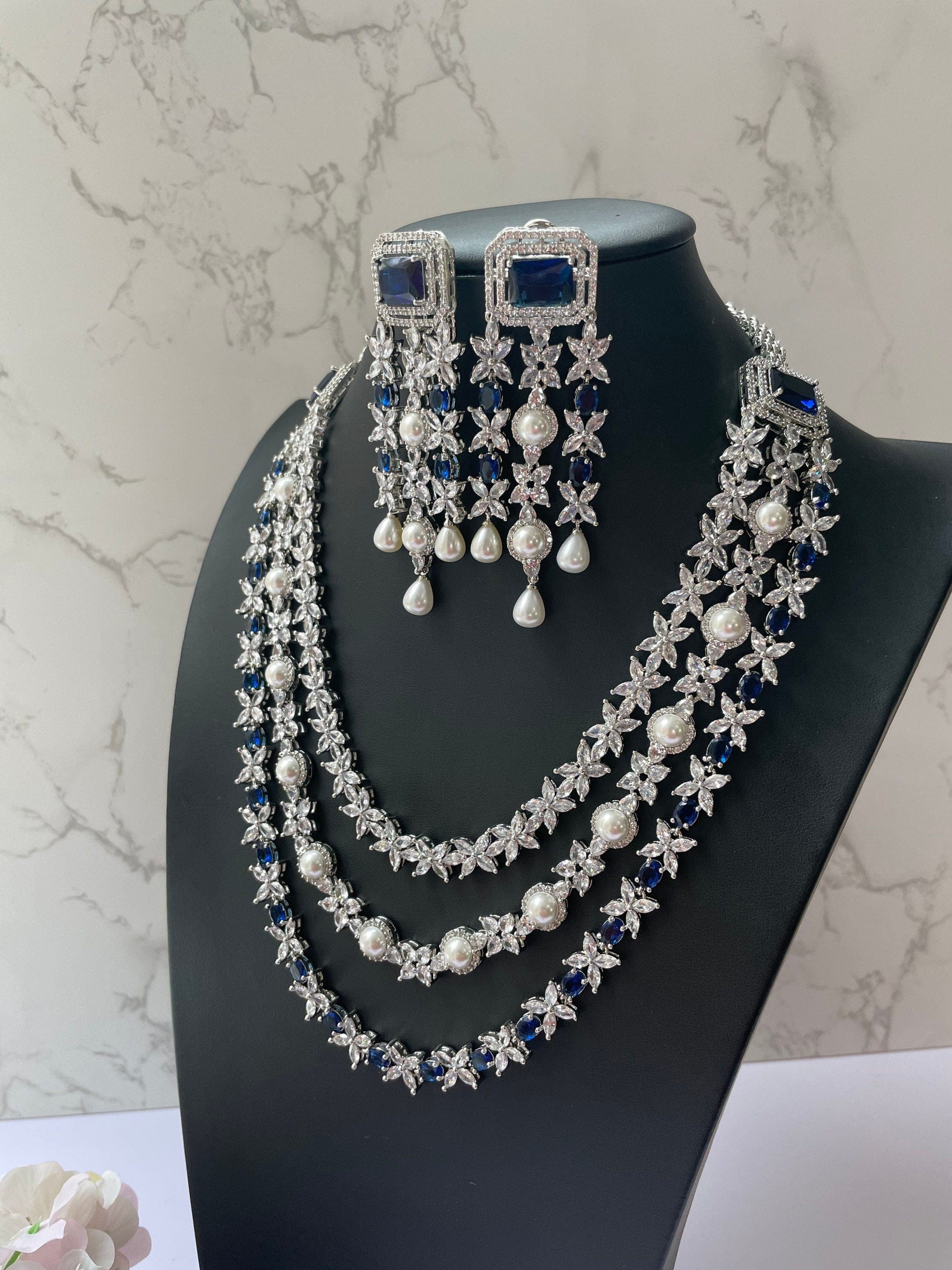 GlambyRivaaz Clearance Sale Vanya Blue Diamond Pearl Long Necklace Set