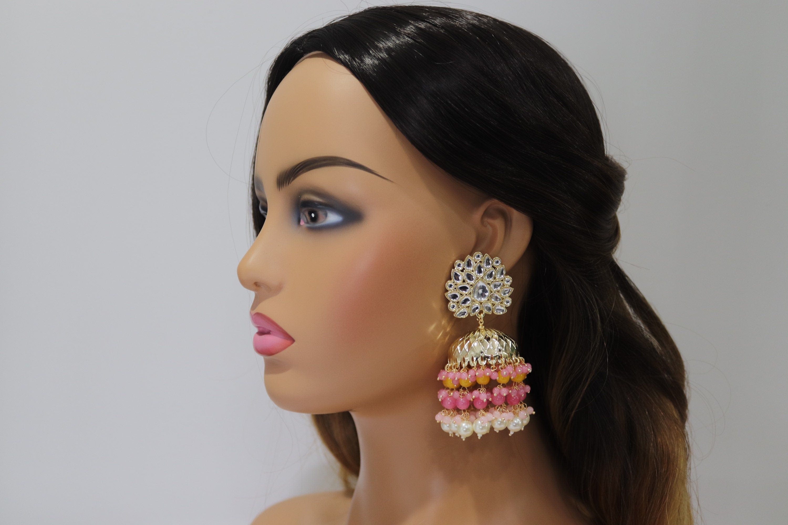 GlambyRivaaz Earrings Yellow- Pink Jhumkas