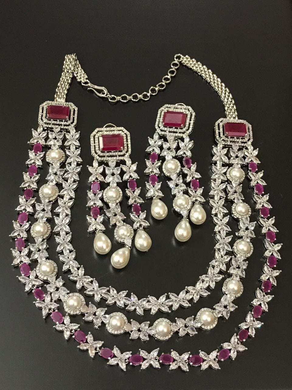 GlambyRivaaz Necklaces Red Vanya Diamond Pearl Long Necklace Set