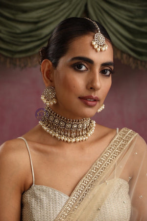 GlambyRivaaz Necklaces Zia Antique Gold Polki Choker with chaandbali