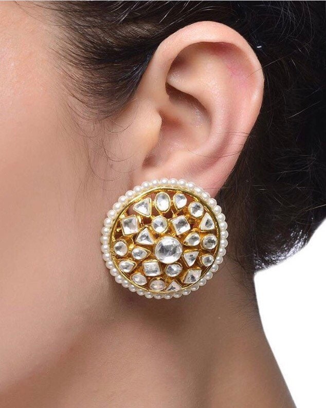 Polki Pearl Studs/ Studs/ Statement Earrings/ Kundan Polki Earrings/ Indian Jewelry/ Indian Earrings/ Bollywood Jewelry