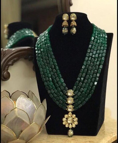 Emerald Long Necklace Sari Necklace Rani Haar Long Indian Necklace Green Beads Long Necklace Set Kundan Long Necklace Set Indian Jewelry