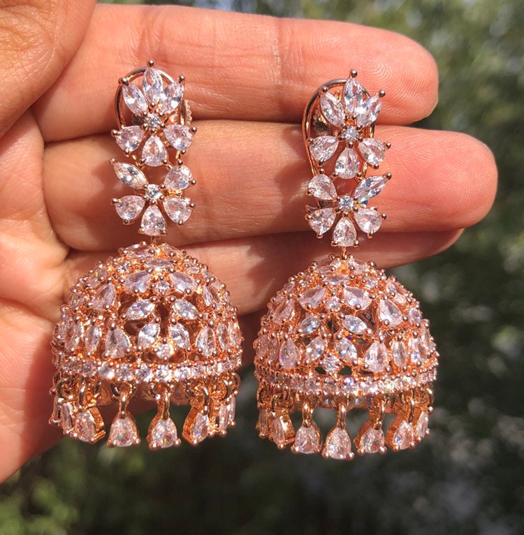 Mili Rose Gold Diamond Jhumki/ Small Jhumka/ CZ Jhumka/ Indian Jewelry/ Pakistani Jewelry/ Indian Earrings/ American Diamond