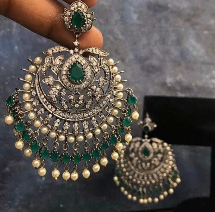 Emerald CZ Earrings • Earrings • Statement Jewelry • Indian Jewelry • Indian Earrings • American Diamond Earrings • Chaandbali