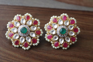 Fine Kundan Stud Earrings/ Ruby Green Kundan Studs/ Kundan Earrings/ Indian Jewelry/ Indian Earrings/ Bollywood/