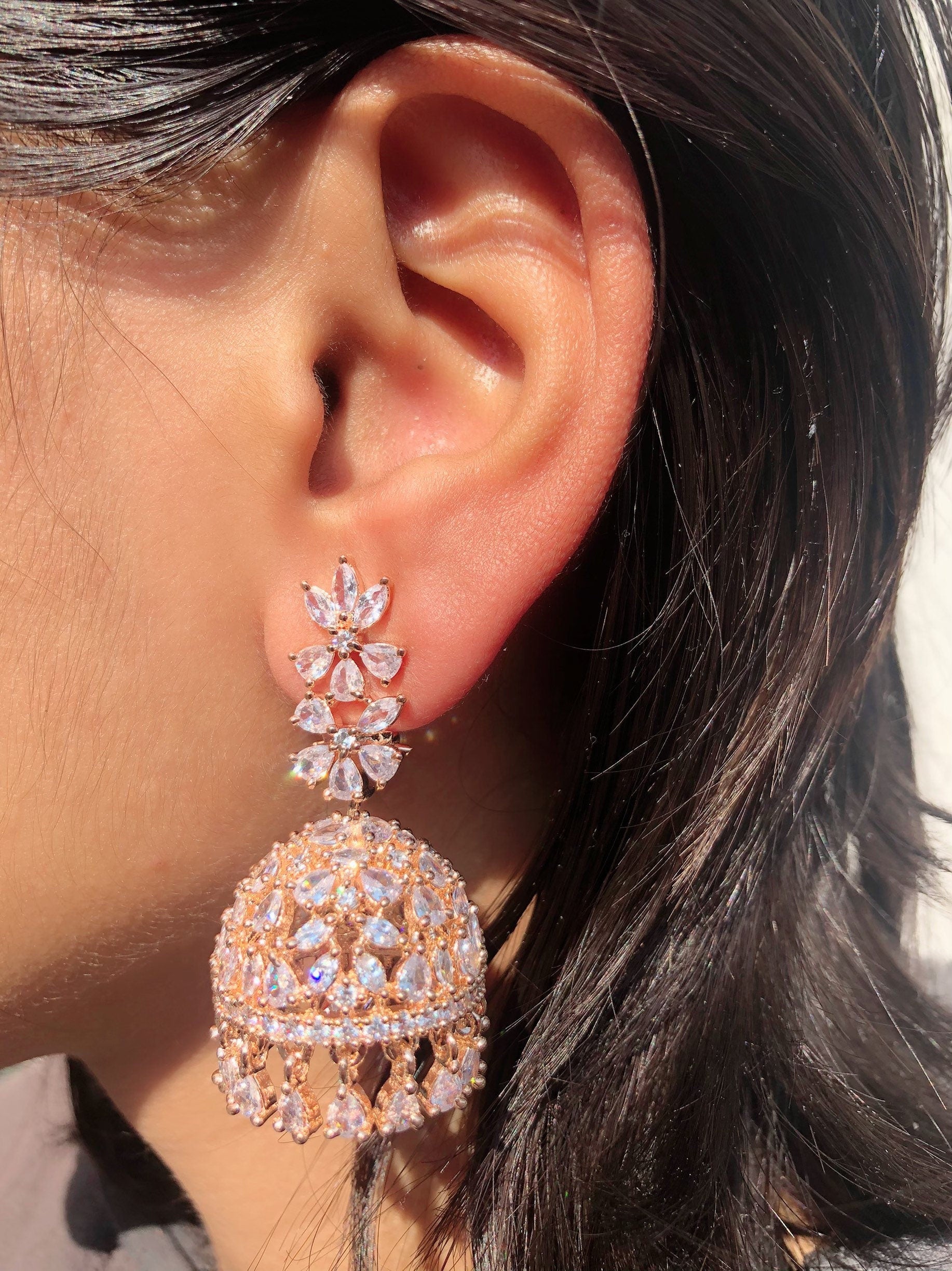 Mili Rose Gold Diamond Jhumki/ Small Jhumka/ CZ Jhumka/ Indian Jewelry/ Pakistani Jewelry/ Indian Earrings/ American Diamond