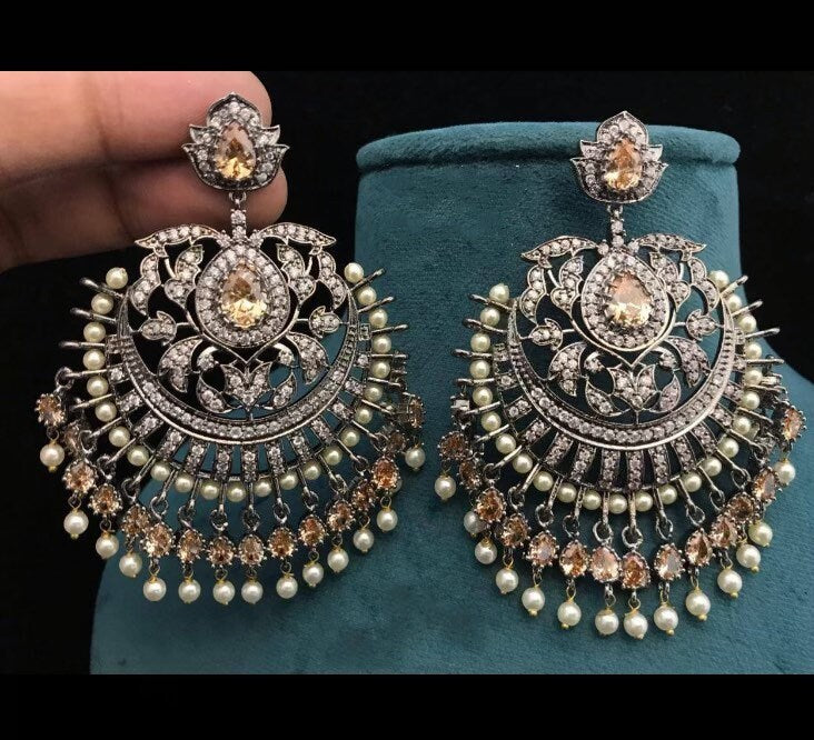 Chandelier Earrings/ Indian Earrings/ Indian Jewelry/ Pakistani Jewelry/ Cubic Zirconium AD earrings/ Victorian Earrings/ American Diamond