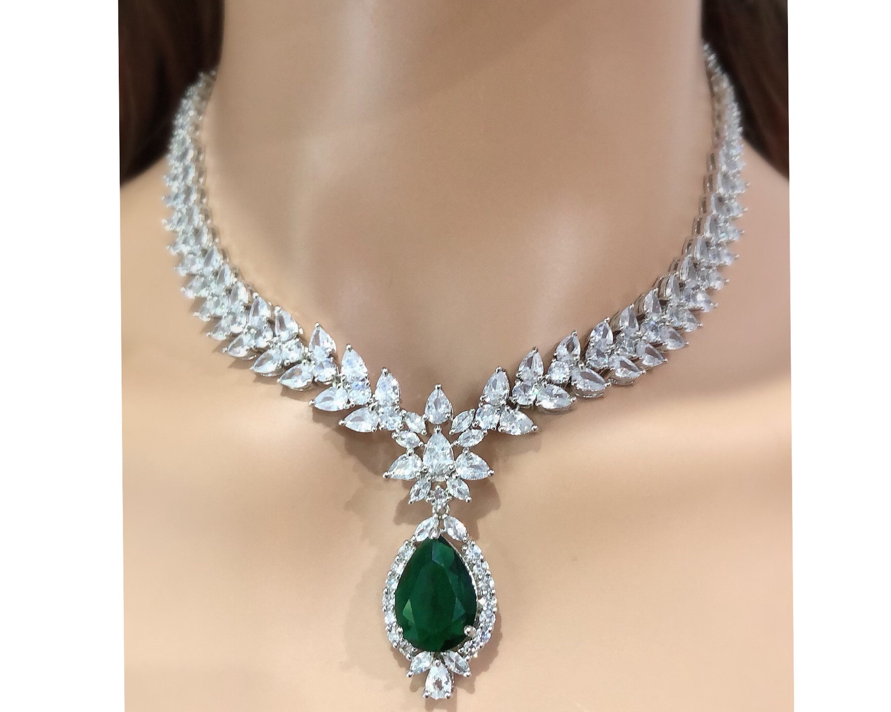 Jan Emerald Cubic Zirconium Necklace | CZ Necklace | Crystal Necklace | Statement Jewelry | Statement Necklace | Indian Necklace