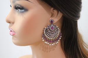 Ruby Chandelier Earrings/ Indian Earrings/ Indian Jewelry/ Pakistani Jewelry/ Cubic Zirconia earrings/ Victorian Earrings/ American Diamond