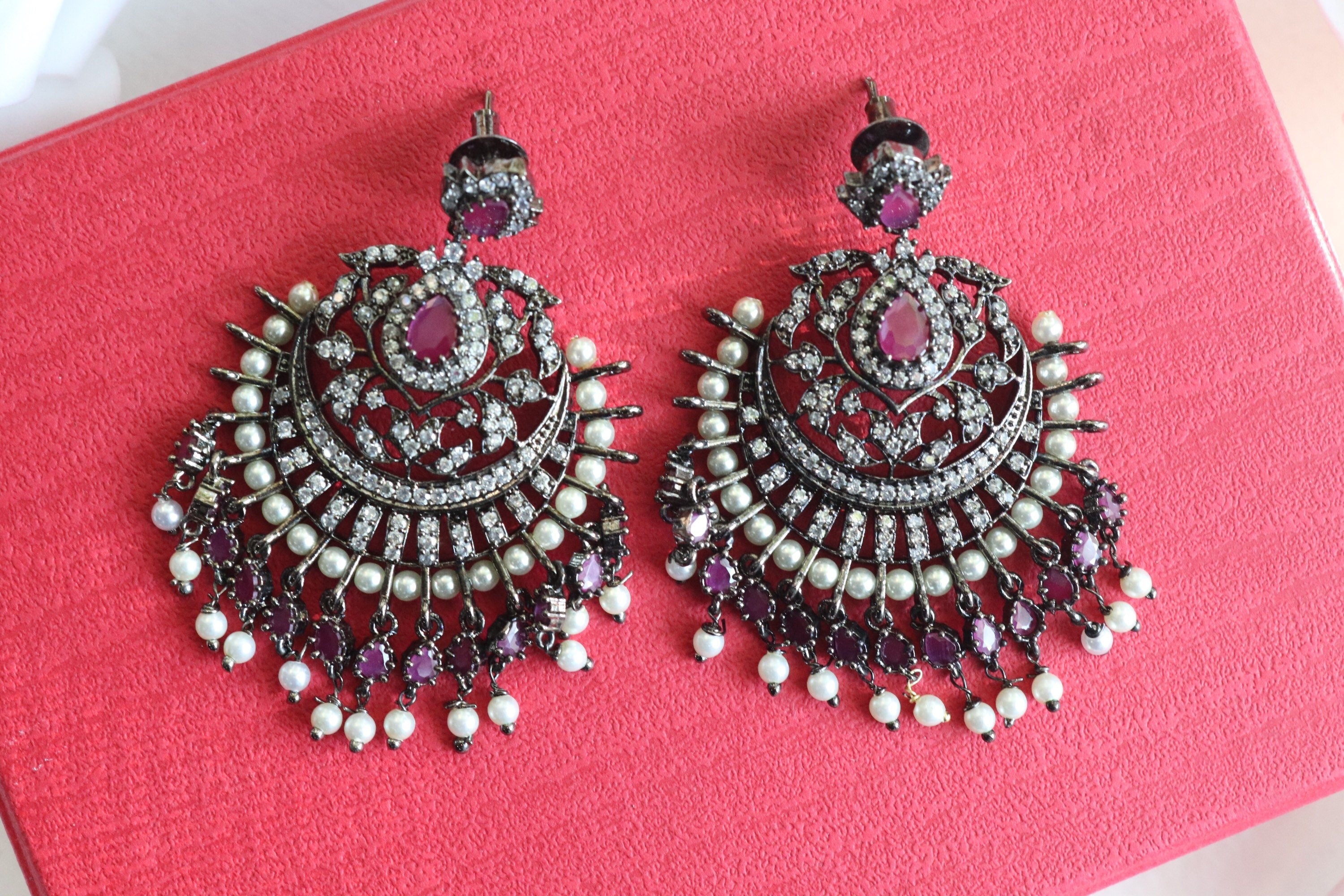 Ruby Chandelier Earrings/ Indian Earrings/ Indian Jewelry/ Pakistani Jewelry/ Cubic Zirconia earrings/ Victorian Earrings/ American Diamond