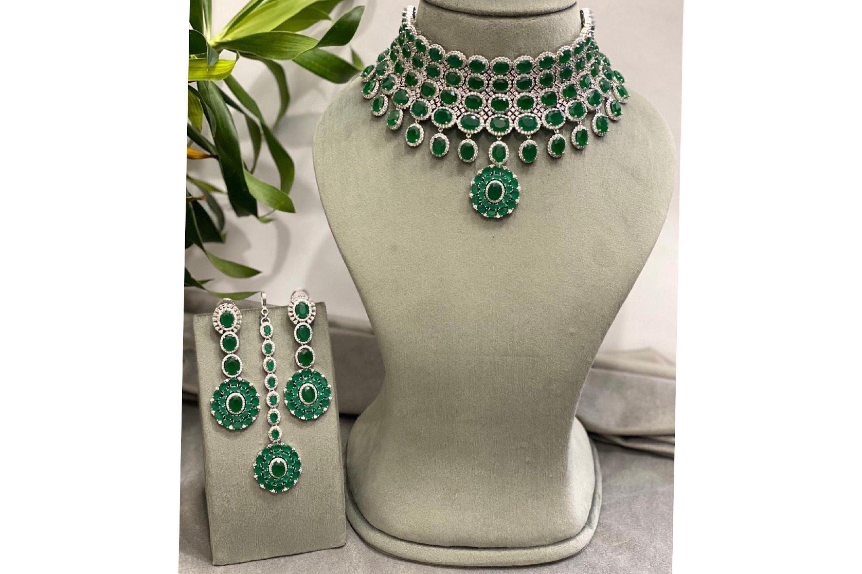 Sold Out Silver Emerald Diamond CZ Choker Indian Jewelry Sabyasachi Necklace Emerald Indian Choker Indian Necklace Bollywood Jewelry