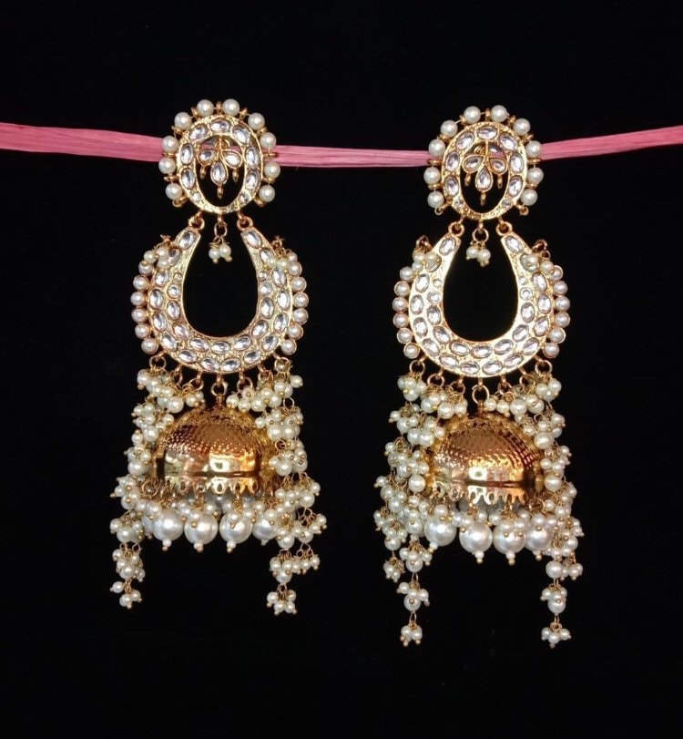 Gold Pearl Jhumkas/ Gold Earrings/ Indian earrings/ Indian jewelry/ Pakistani Jewelry/ Ethnic Jewelry/ Gold Dangle Earrings/ African Jewelry