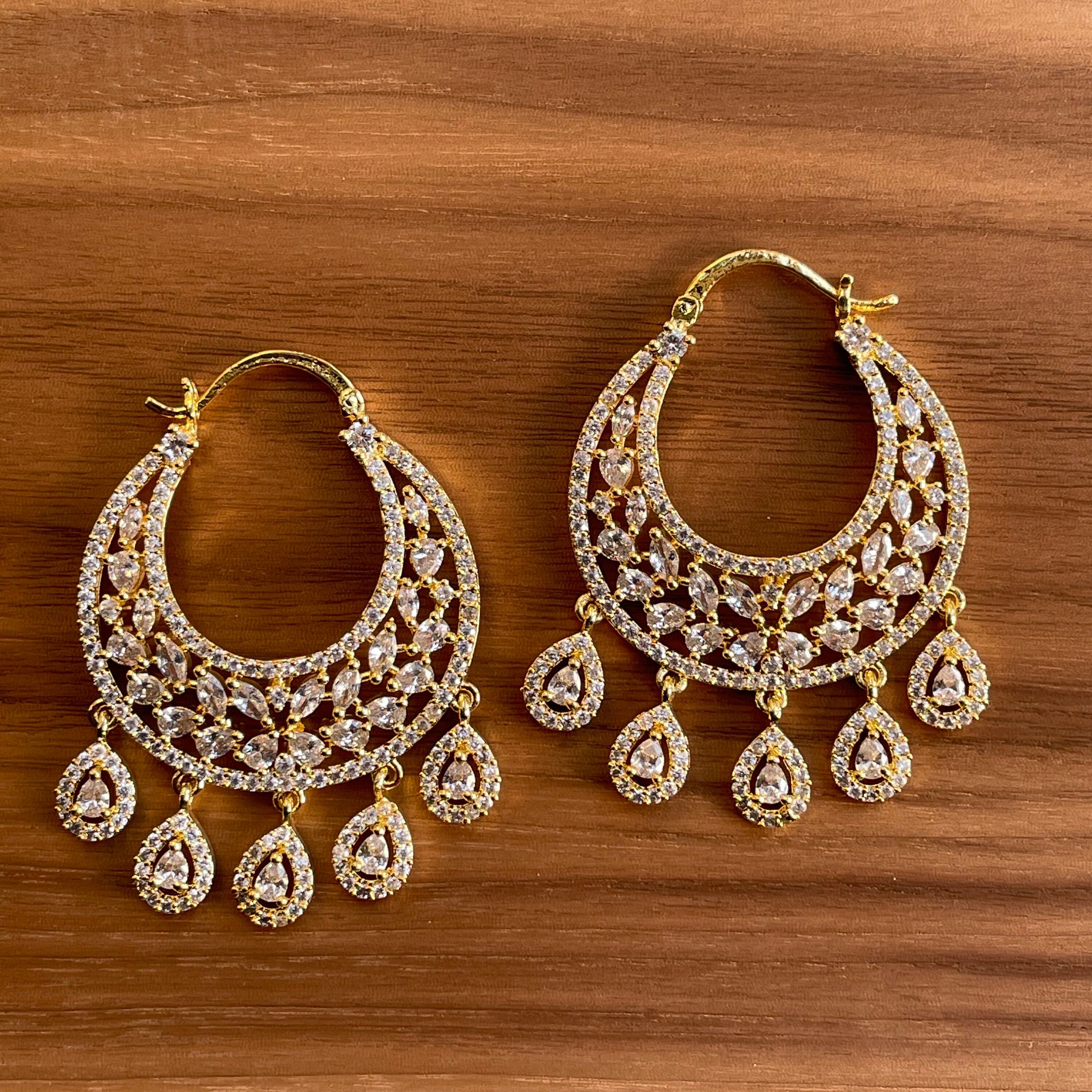 Gold Diamond Chaandbalis/ CZ Chaandbali/ Zirconia Earrings/ Indian Earrings/ Pakistani Jewelry / Bollywood Jewelry/