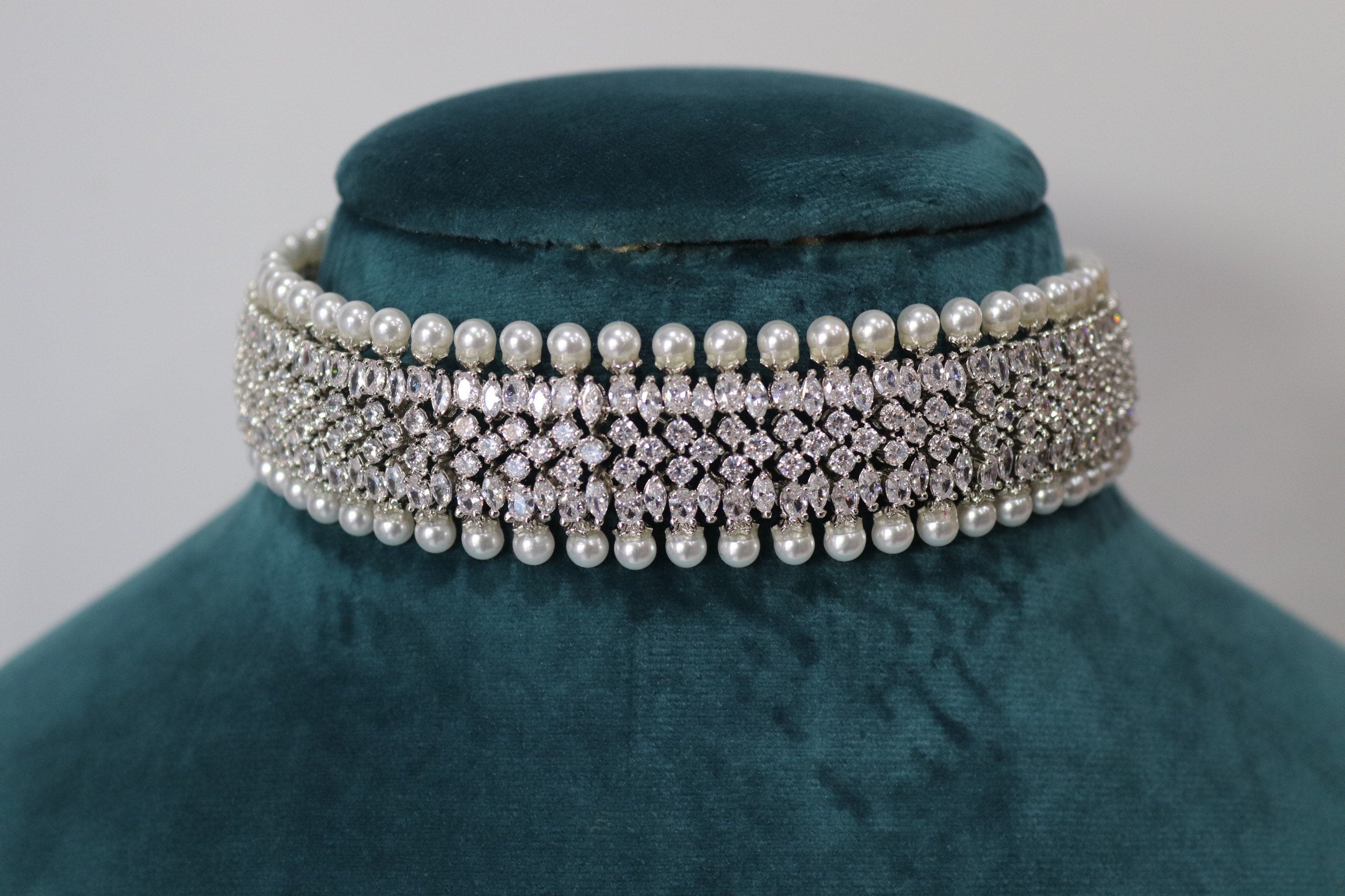 CZ Diamond Pearl Choker Necklace with Earring/ Indian jewelry/ Crystal Choker/ Indian Choker/ Pakistani jewelry/ Bollywood jewelry/Wedding