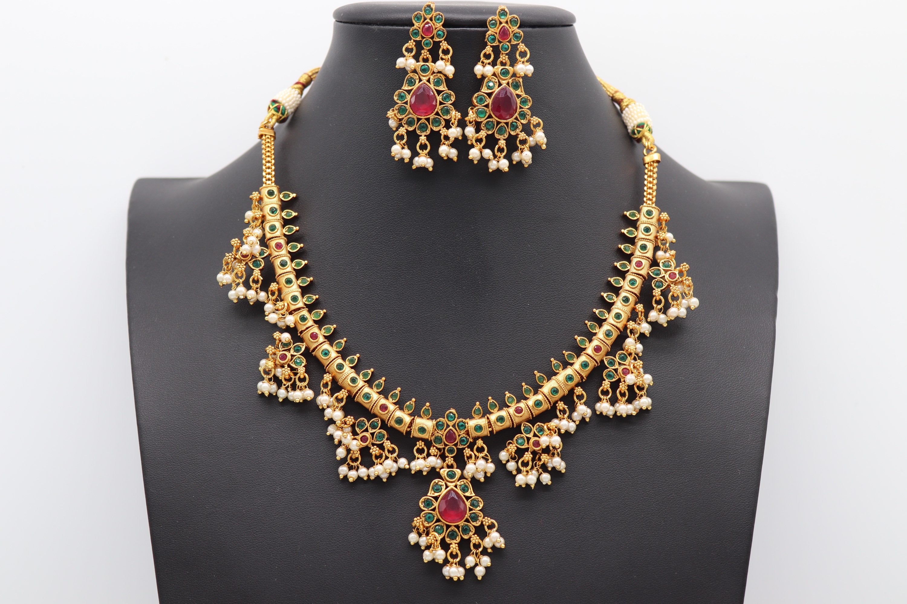 Delicate Ruby- Green Guttapusalu/ South Indian Jewelry/ Gold Necklace/ Indian long Necklace/ Indian Jewelry