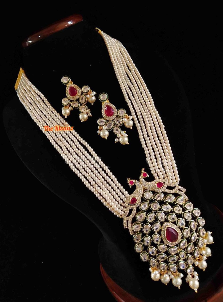 Pearl Kundan Long Peacock Necklace Indian Jewelry | Pakistani Jewelry | Long Pearl Necklace/ Pakistani Necklace