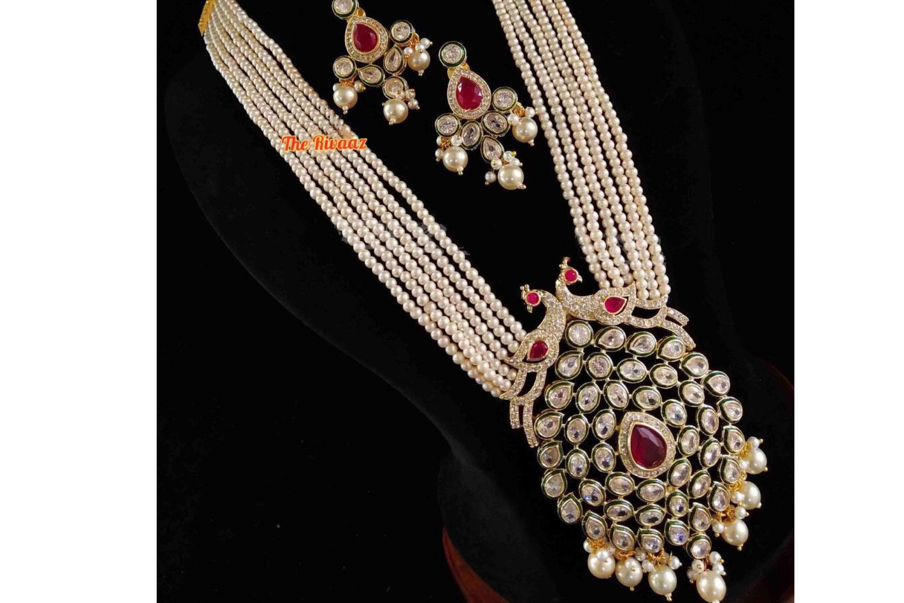 Pearl Kundan Long Peacock Necklace Indian Jewelry | Pakistani Jewelry | Long Pearl Necklace/ Pakistani Necklace