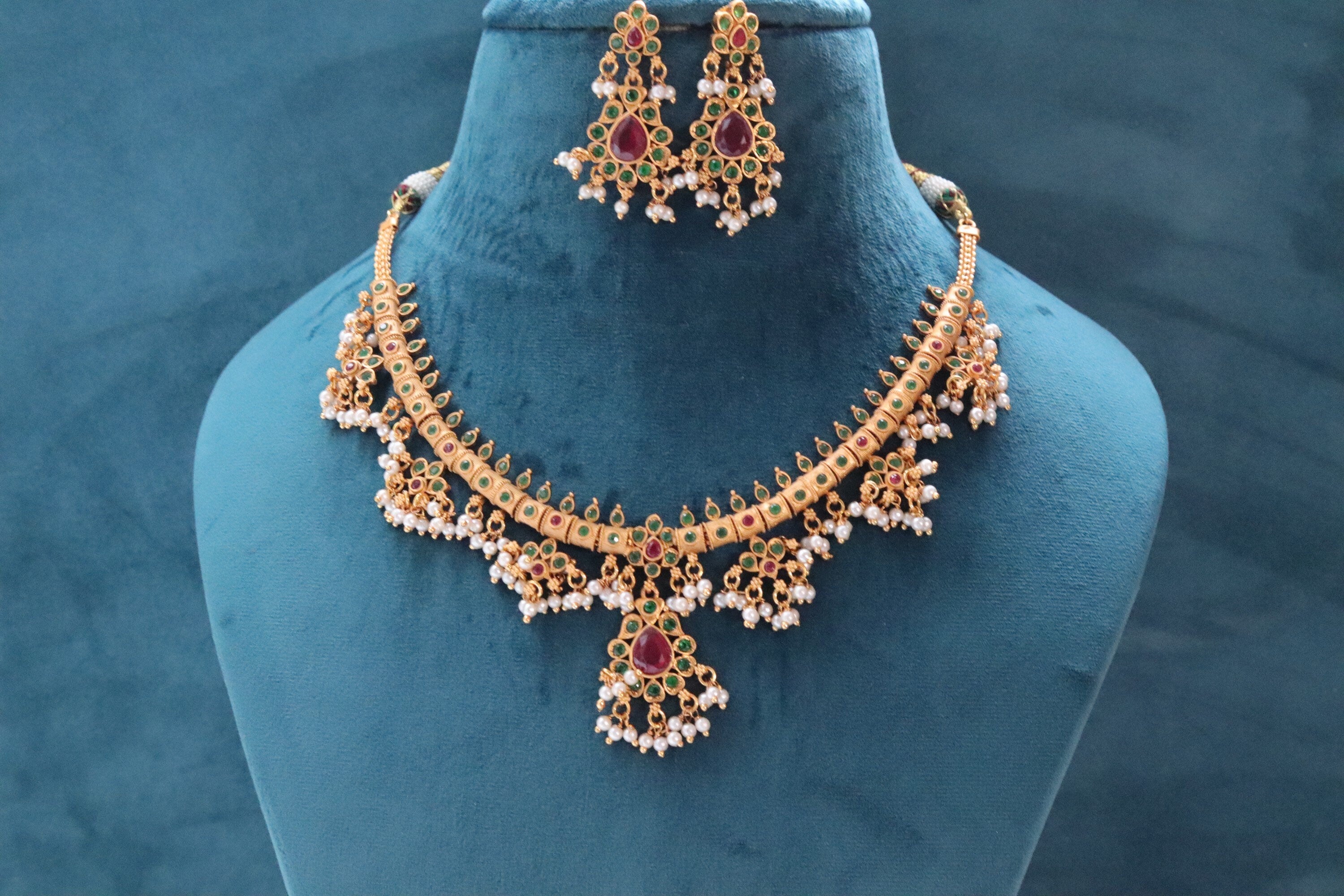 Delicate Ruby- Green Guttapusalu/ South Indian Jewelry/ Gold Necklace/ Indian long Necklace/ Indian Jewelry