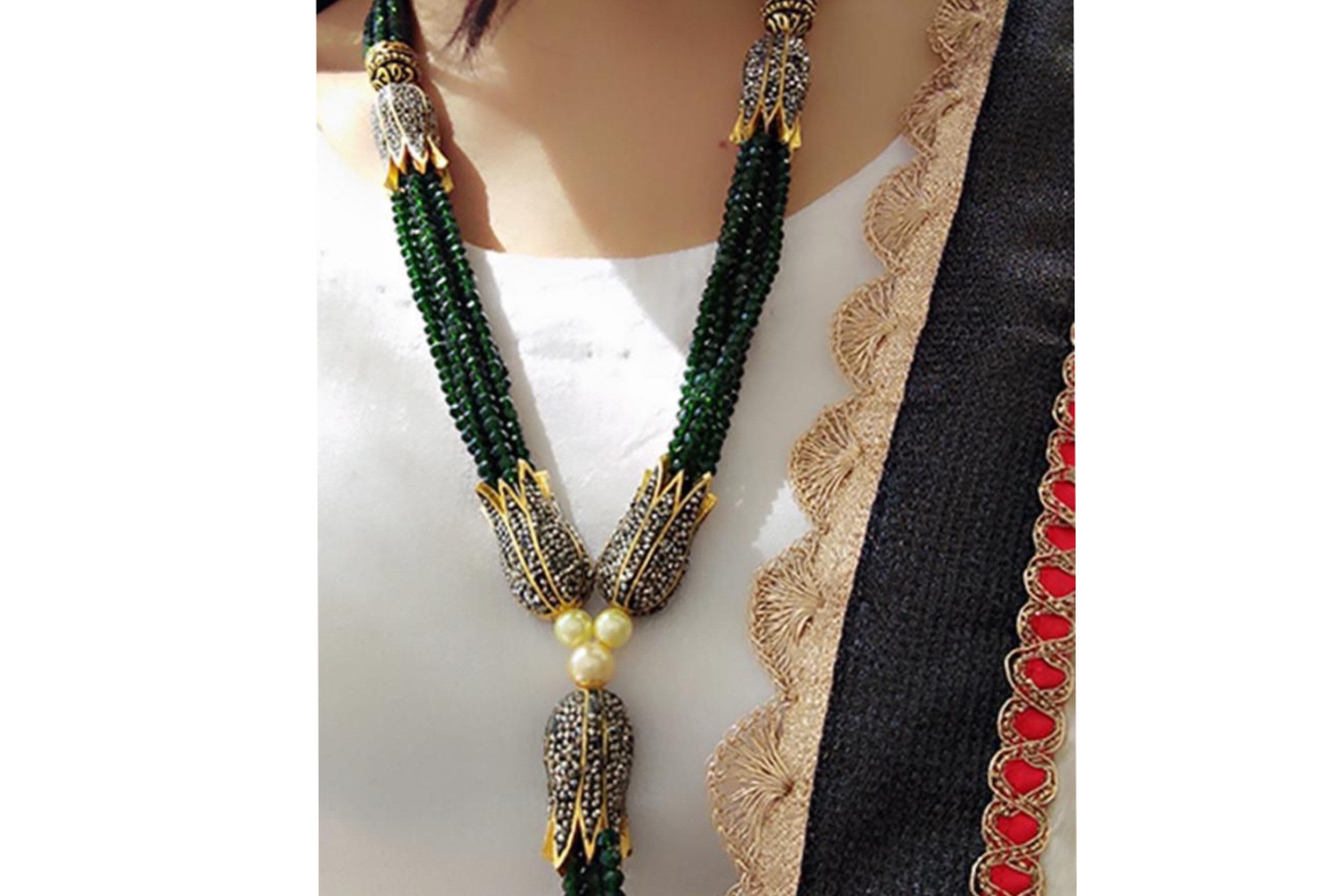 Green Beads Long Victorian Necklace/ Indian Jewelry/ Indian Necklace/ Indian Wedding/ Kundan Necklace/ Kundan Jewelry/ Jewelry