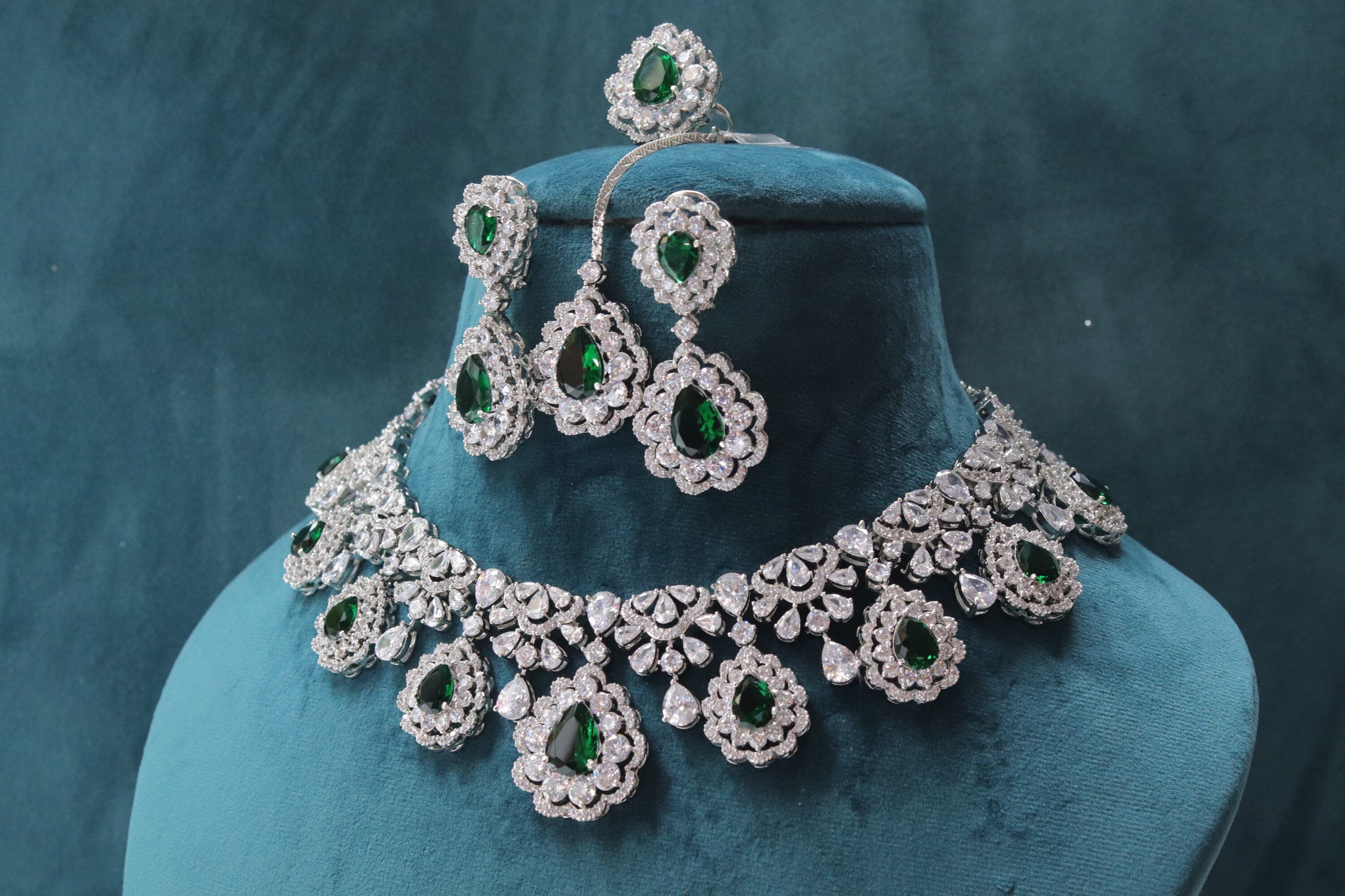 Sold Out 5 Piece Emerald Diamond Necklace Set / Statement Jewelry/ Statement Necklace/ Elegant Jewelry/ Unique Jewelry/ Indian Jewelry/ CZ