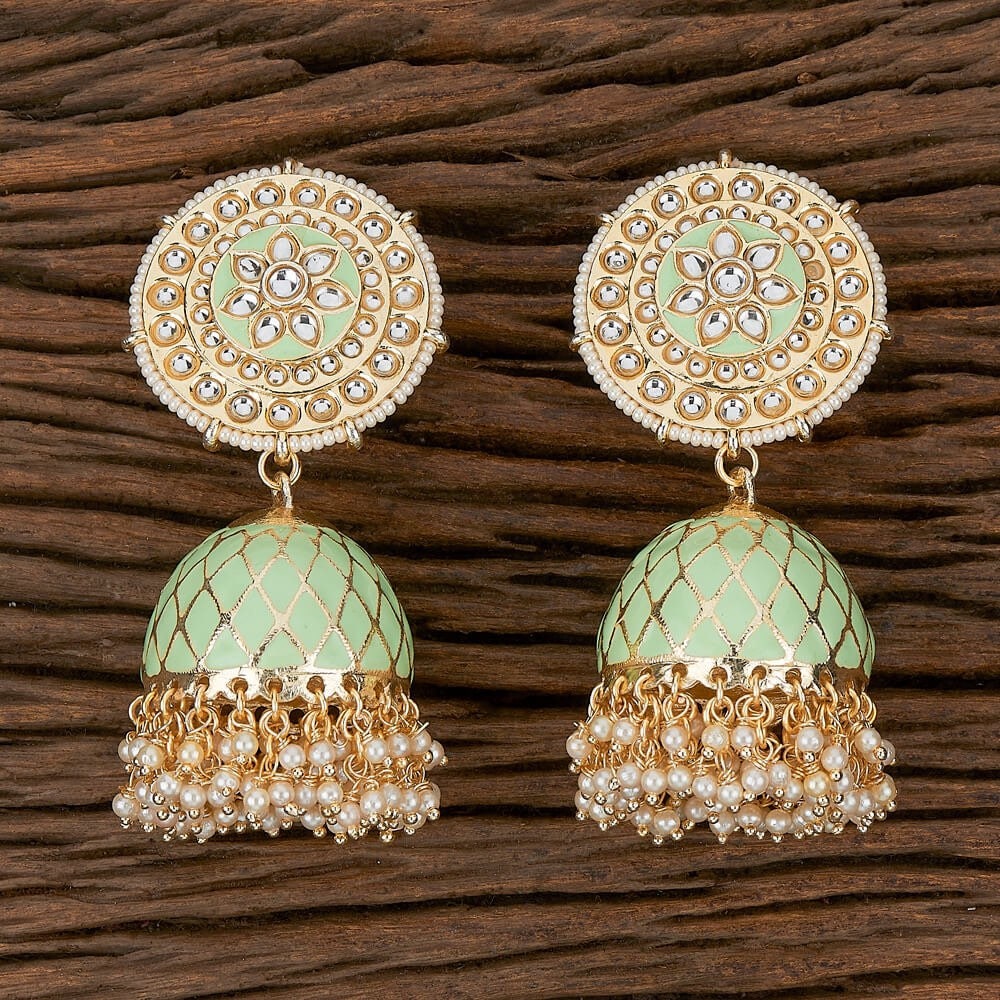 Big Mint Jhumkas / Indian Earrings/ Indian Jewelry/ Bollywood Jewelry / Orange Earrings/ Meenakari Jhumka/ Kundan Earring/Pakistani Jewelry