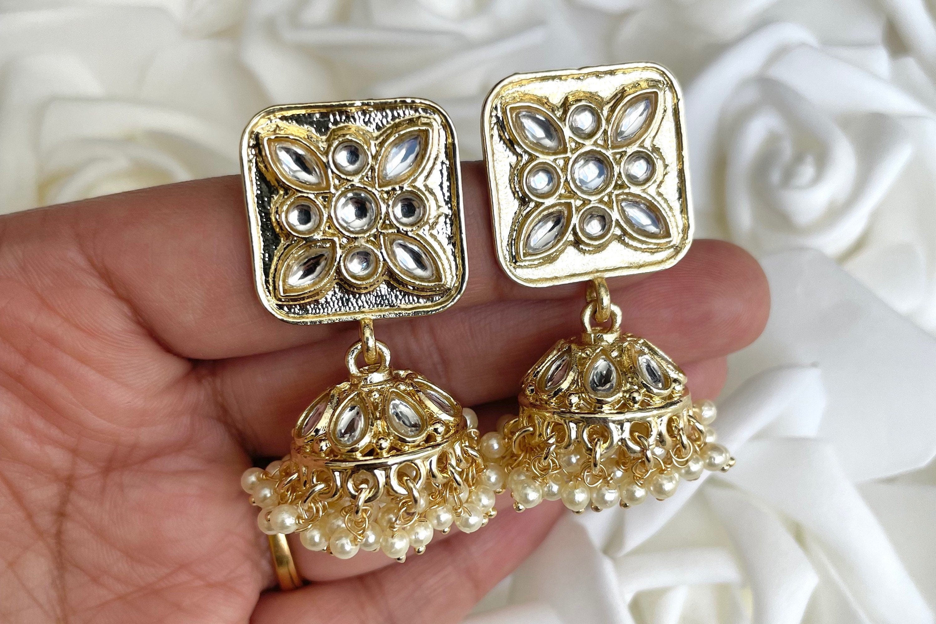 Gold Kundan Jhumkas • Indian Jewelry • Jhumka • Indian Earrings • Bollywood Jewelry • Pakistani Jewelry• Punjabi jewelry • Jhumka Earrings