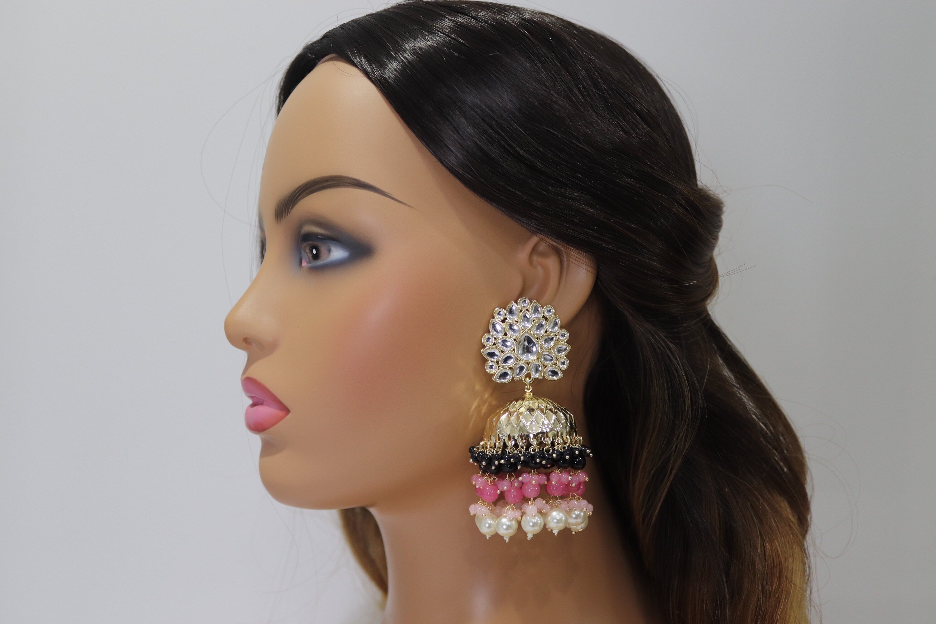 Black - Pink Jhumkas / Indian Jewelry / Pakistani Jewelry/ Indian Jhumka/ Gold Jhumka/ Jhumkas/ Punjabi Jewelry/ Jhumka