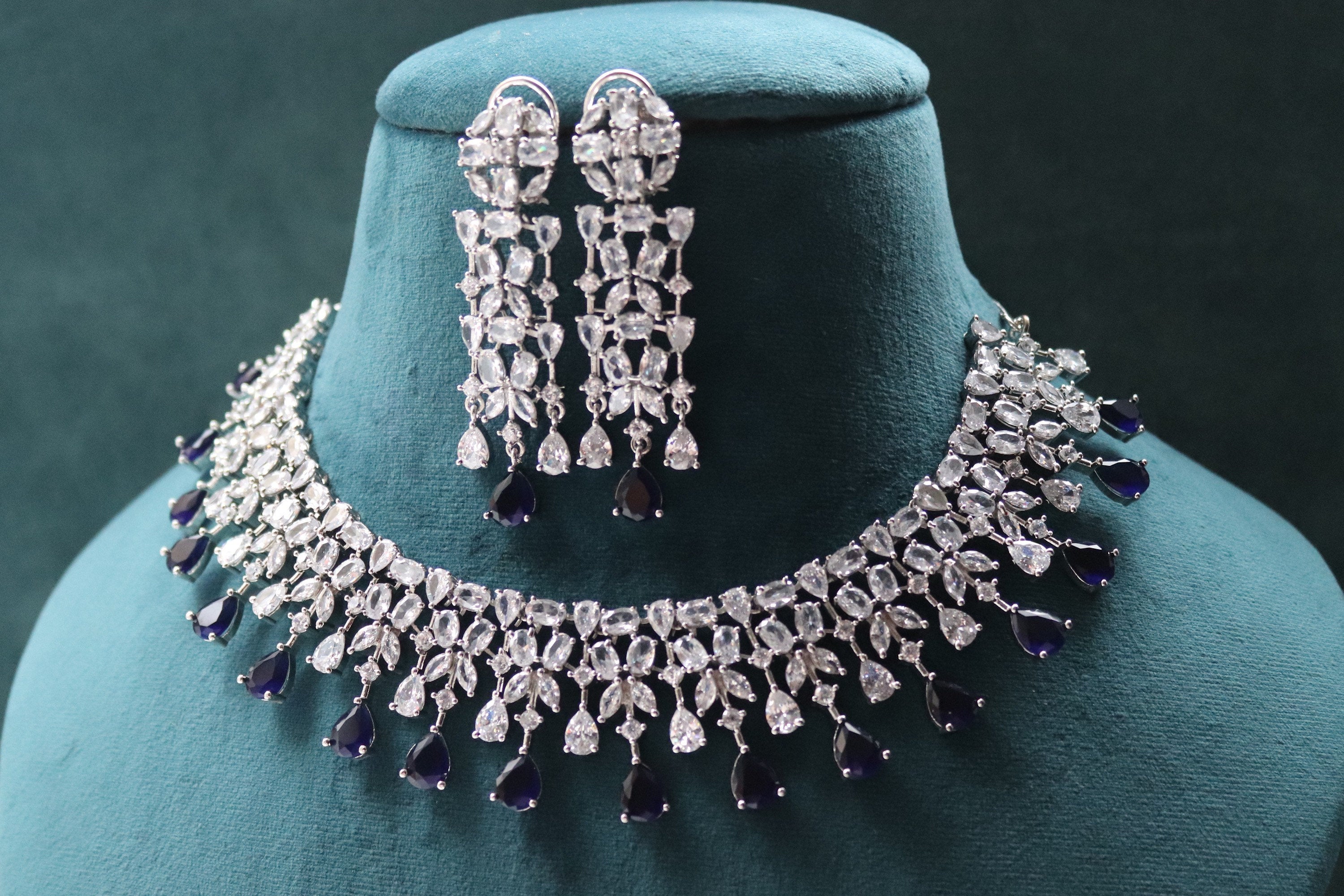 June Silver Sapphire Diamond Necklace / Statement Jewelry/ Statement Necklace/ Elegant Jewelry/ Unique Jewelry/ Indian Jewelry/ CZ choker