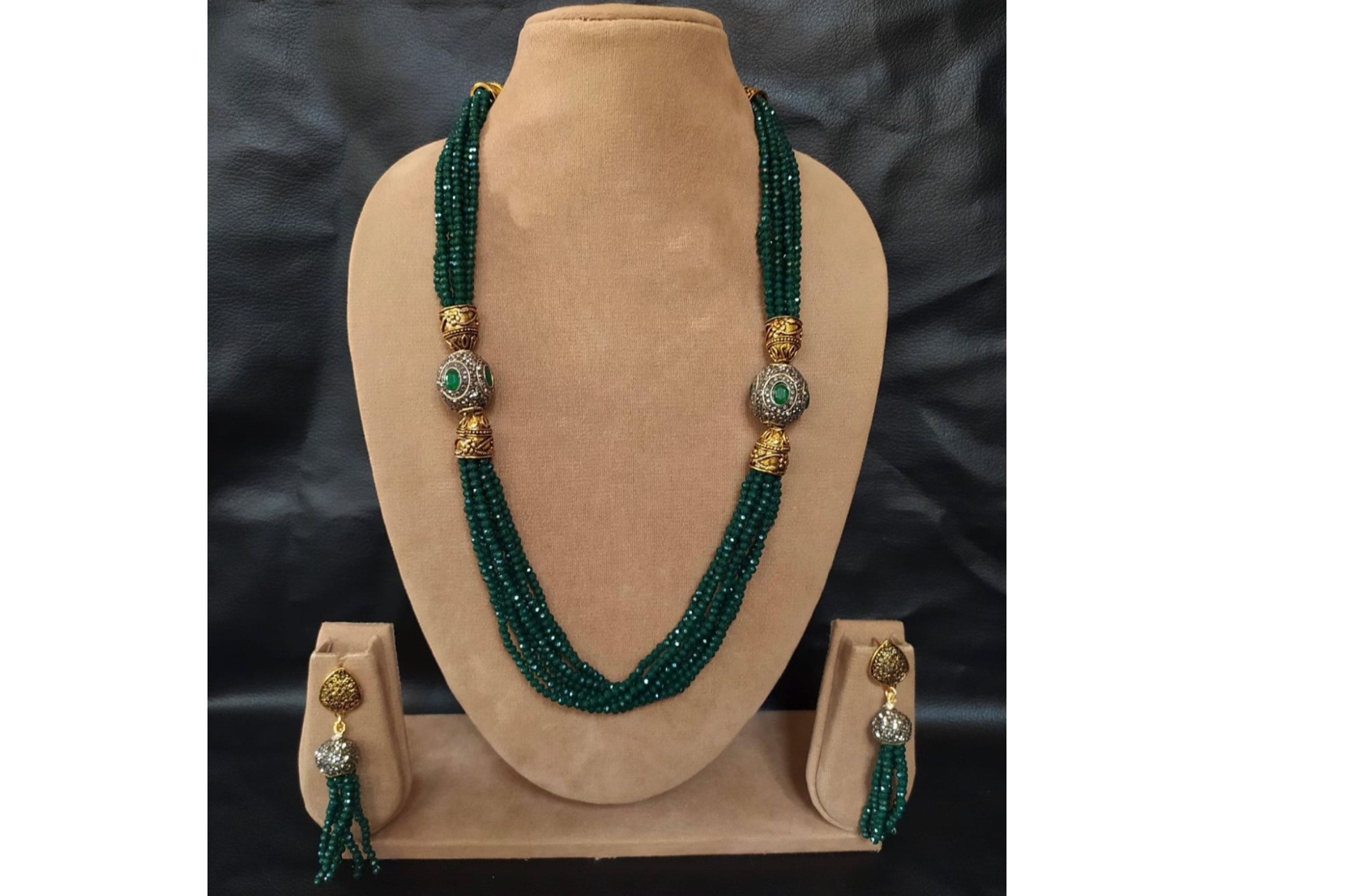 Green Beads Long Victorian Necklace/ Indian Jewelry/ Indian Necklace/ Indian Wedding/ Kundan Necklace/ Kundan Jewelry