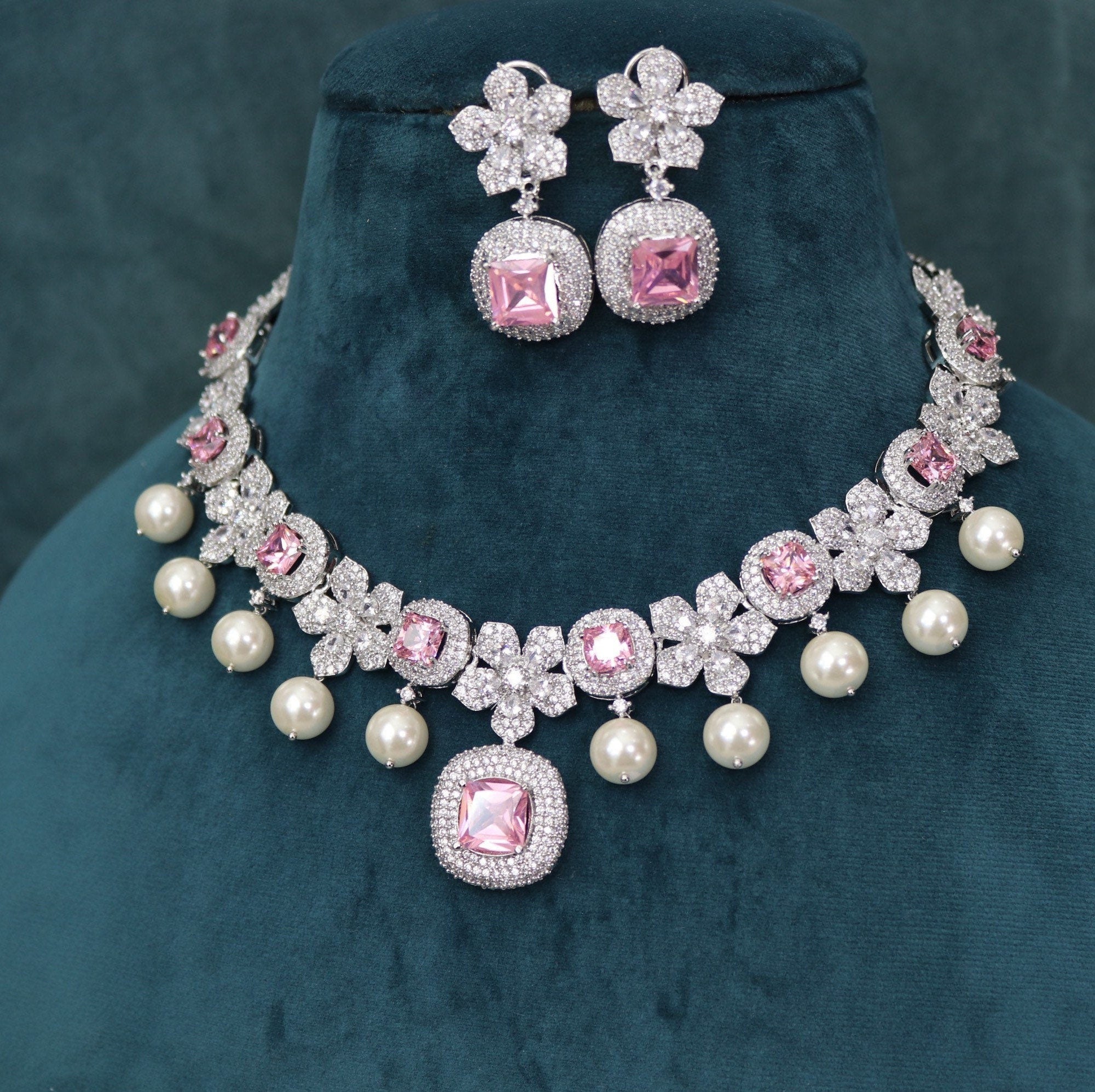 Sold Out Pink Diamond Pearl Necklace / Indian jewelry/ Indian Choker/ Pakistani jewelry/ Bollywood jewelry/ Pakistani Necklace