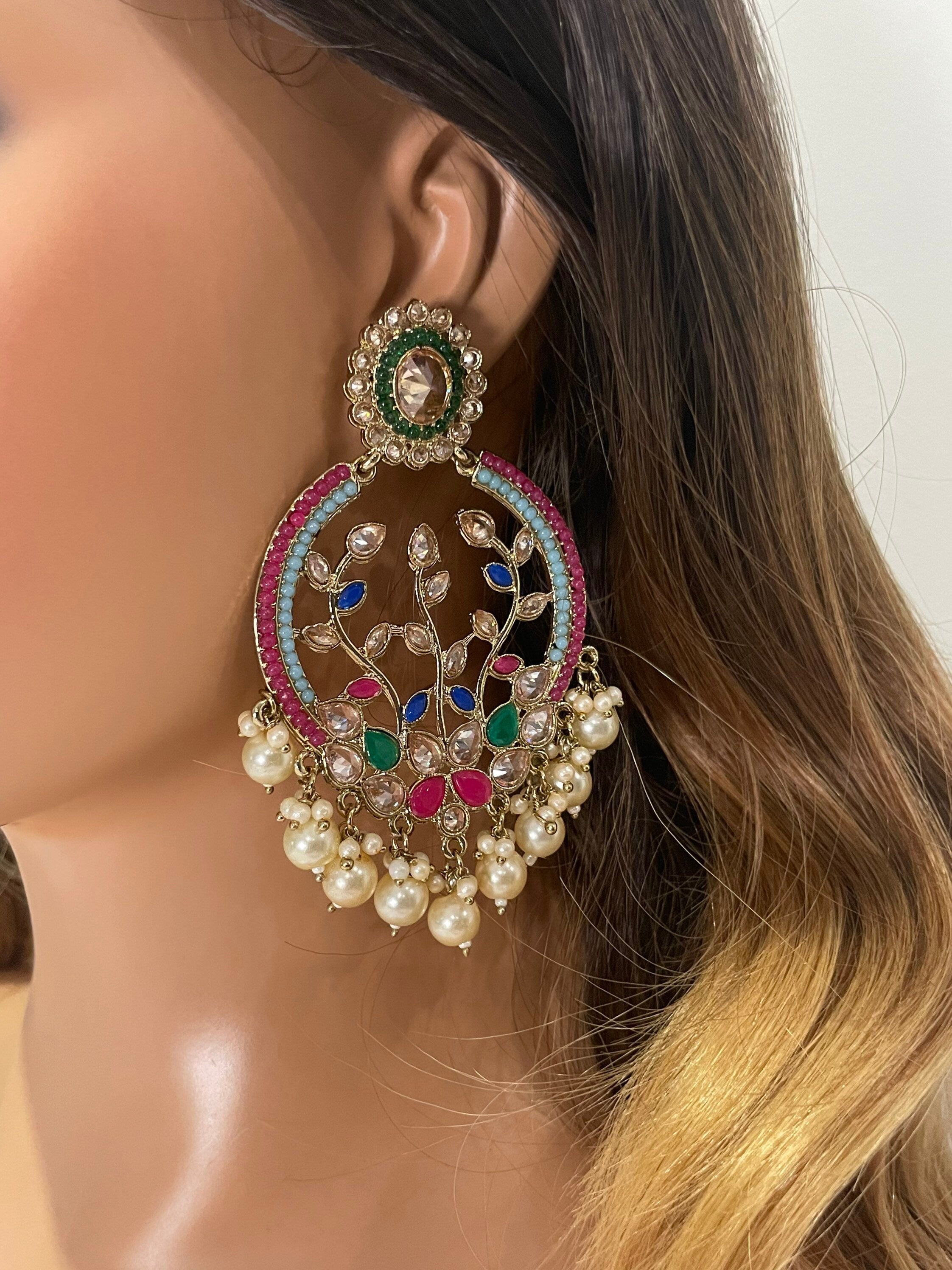 Multi Polki Earrings and Tikka Set / Indian Earrings/ Pakistani Jewelry/ Pakistani Earrings/ Indian Jewelry / Bollywood Jewelry/ Punjabi