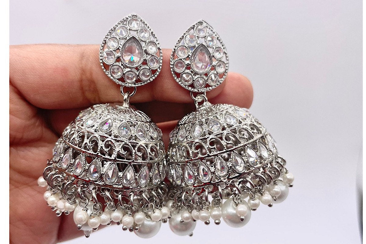 Silver Polki Jhumkas/ Indian Jewelry/ Jhumka/ Indian Earrings/ Pakistani Jewelry/ Desi Jewelry/ Indian Wedding Jewelry/ Bollywood