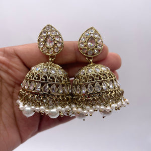 Polki Jhumkas with White Pearls and Stone / Polki Earrings / Indian Earrings/ Pakistani Jewelry/ Pakistani Earrings/ Jhumka/ Polki Jewelry