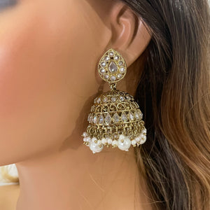 Polki Jhumkas with White Pearls and Stone / Polki Earrings / Indian Earrings/ Pakistani Jewelry/ Pakistani Earrings/ Jhumka/ Polki Jewelry