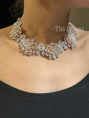 CZ Rose Necklace | Indian Jewelry | Pakistani Jewelry Indian CZ Necklace | Indian Necklace Punjabi Jewelry | Statement Necklace