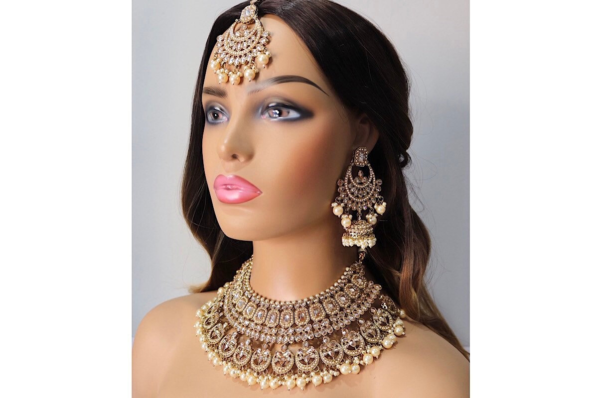 Antique Gold Polki Choker with Jhumka and tikka / Antique Gold Choker/ Indian Choker Necklace/ Pakistani jewelry/ Indian jewelry