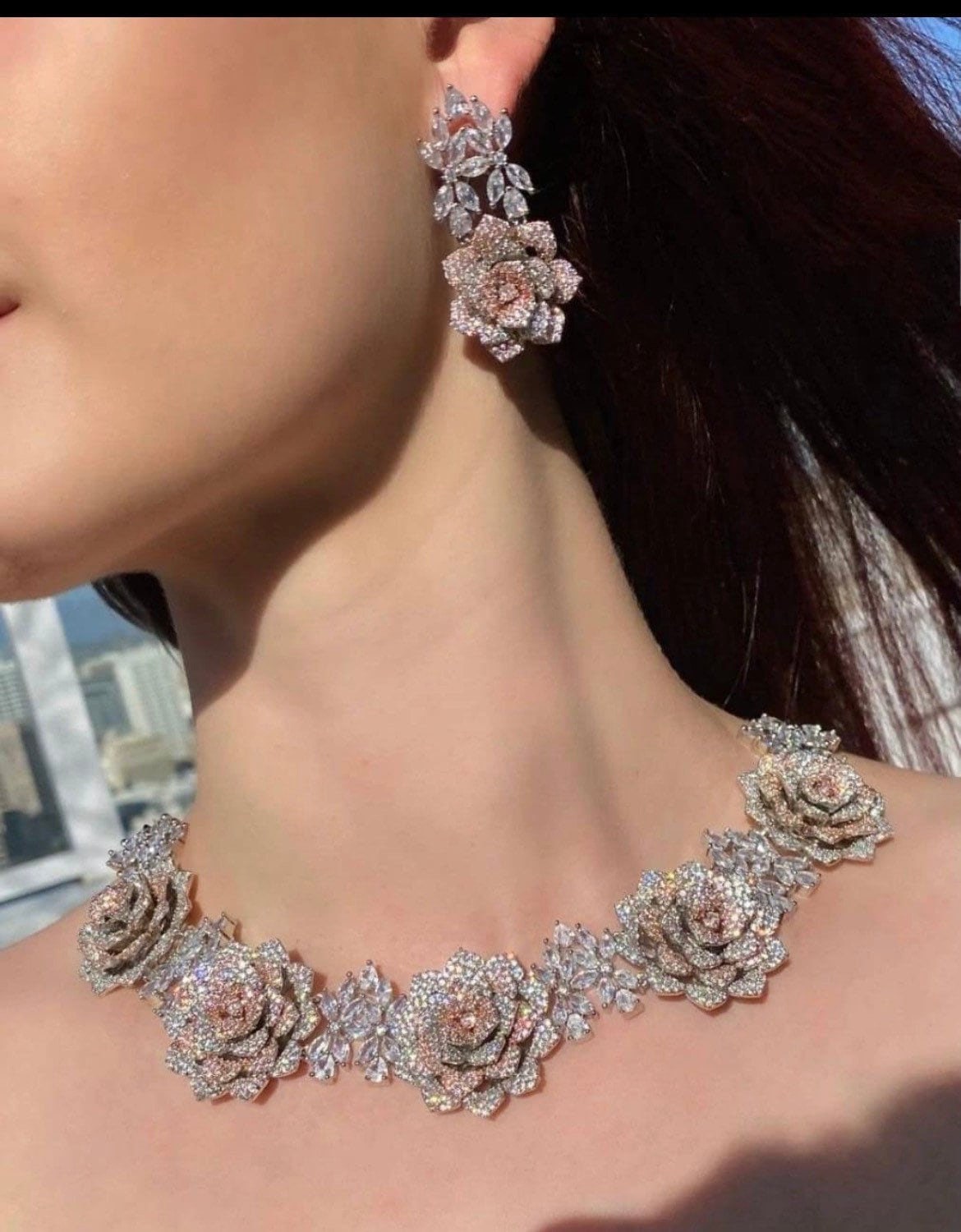 CZ Rose Necklace | Indian Jewelry | Pakistani Jewelry Indian CZ Necklace | Indian Necklace Punjabi Jewelry | Statement Necklace