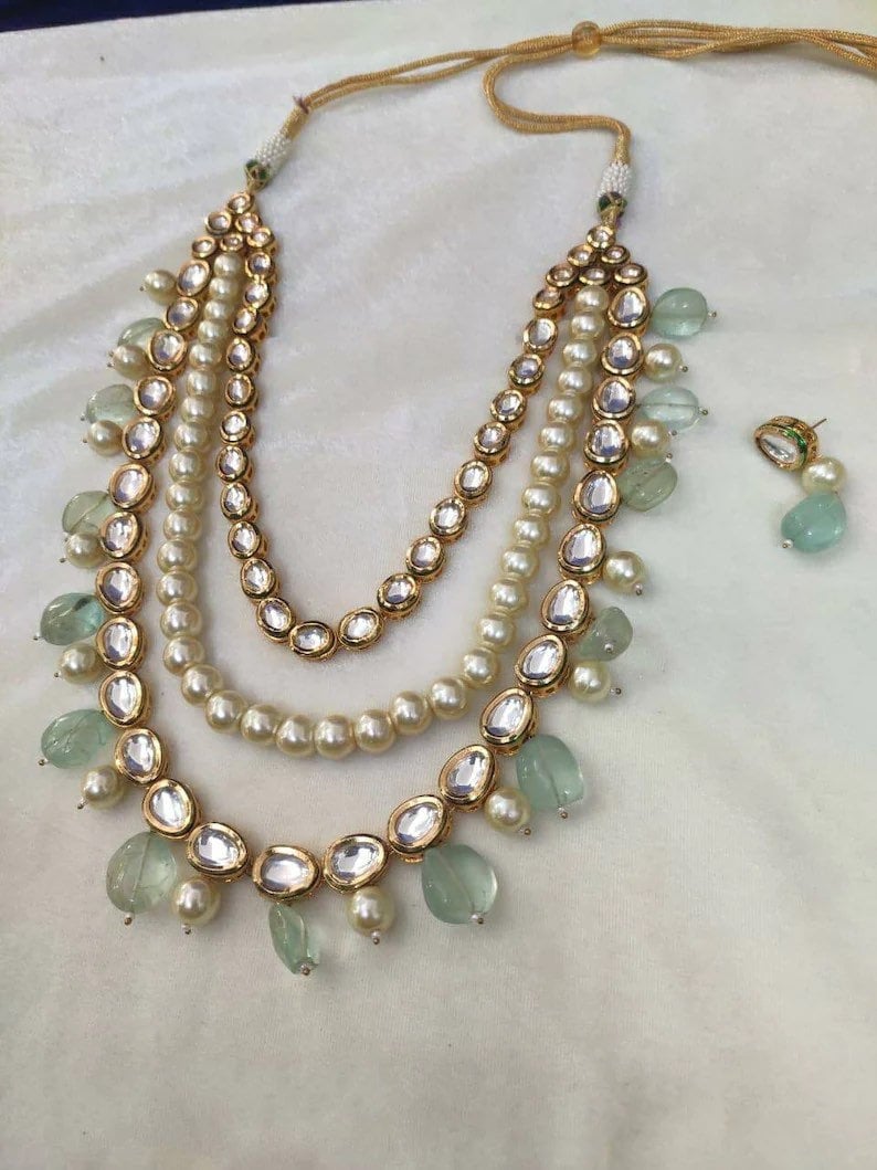 Sold Out 3 Layered Kundan Set Mint Pearls/Long Kundan Set/Kundan Necklace Set/Ranihaar/ Indian Jewelry | Indian Long Necklace