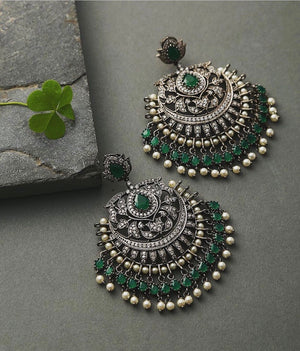 Emerald CZ Earrings • Earrings • Statement Jewelry • Indian Jewelry • Indian Earrings • American Diamond Earrings • Chaandbali