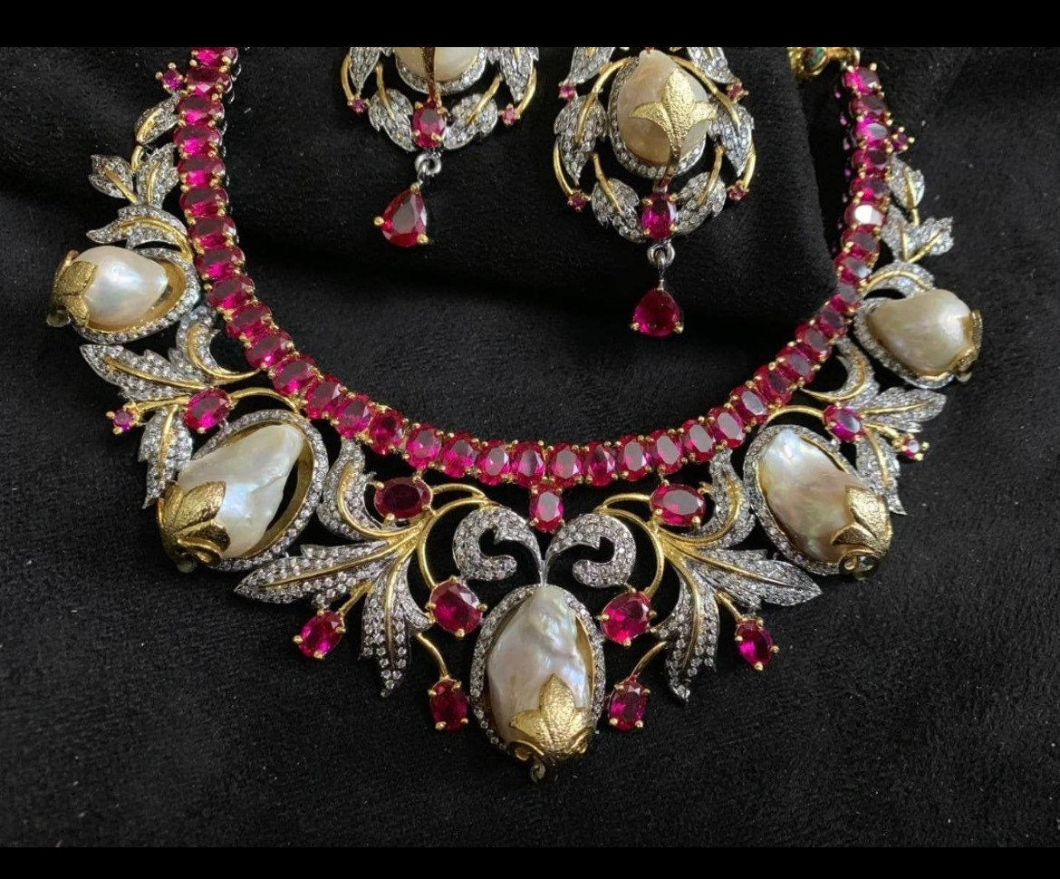 Sold Out Baroque Pearl Ruby CZ Victorian Necklace • CZ Necklace Set • American Diamond Necklace • Indian Jewelry • Pakistani Jewelry