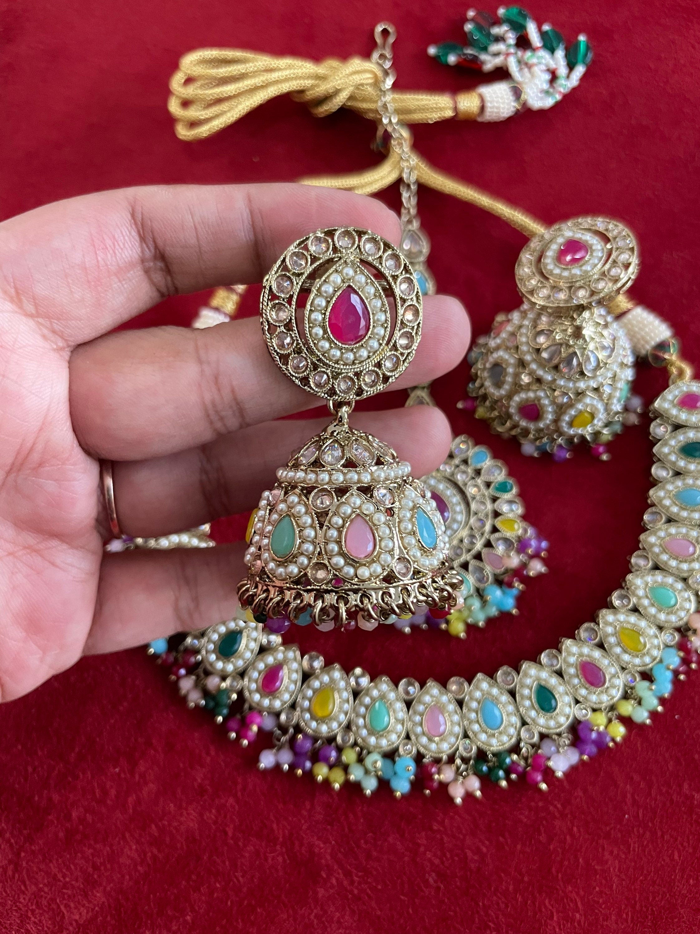 Simi Navratan Polki Necklace with Jhumkey and tikka / Punjabi Jewelry / Indian Jewelry/ Pakistani Jewelry / Punjabi Necklace Set