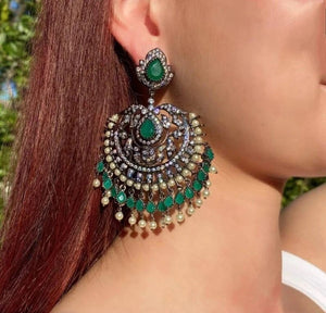 Emerald CZ Earrings • Earrings • Statement Jewelry • Indian Jewelry • Indian Earrings • American Diamond Earrings • Chaandbali