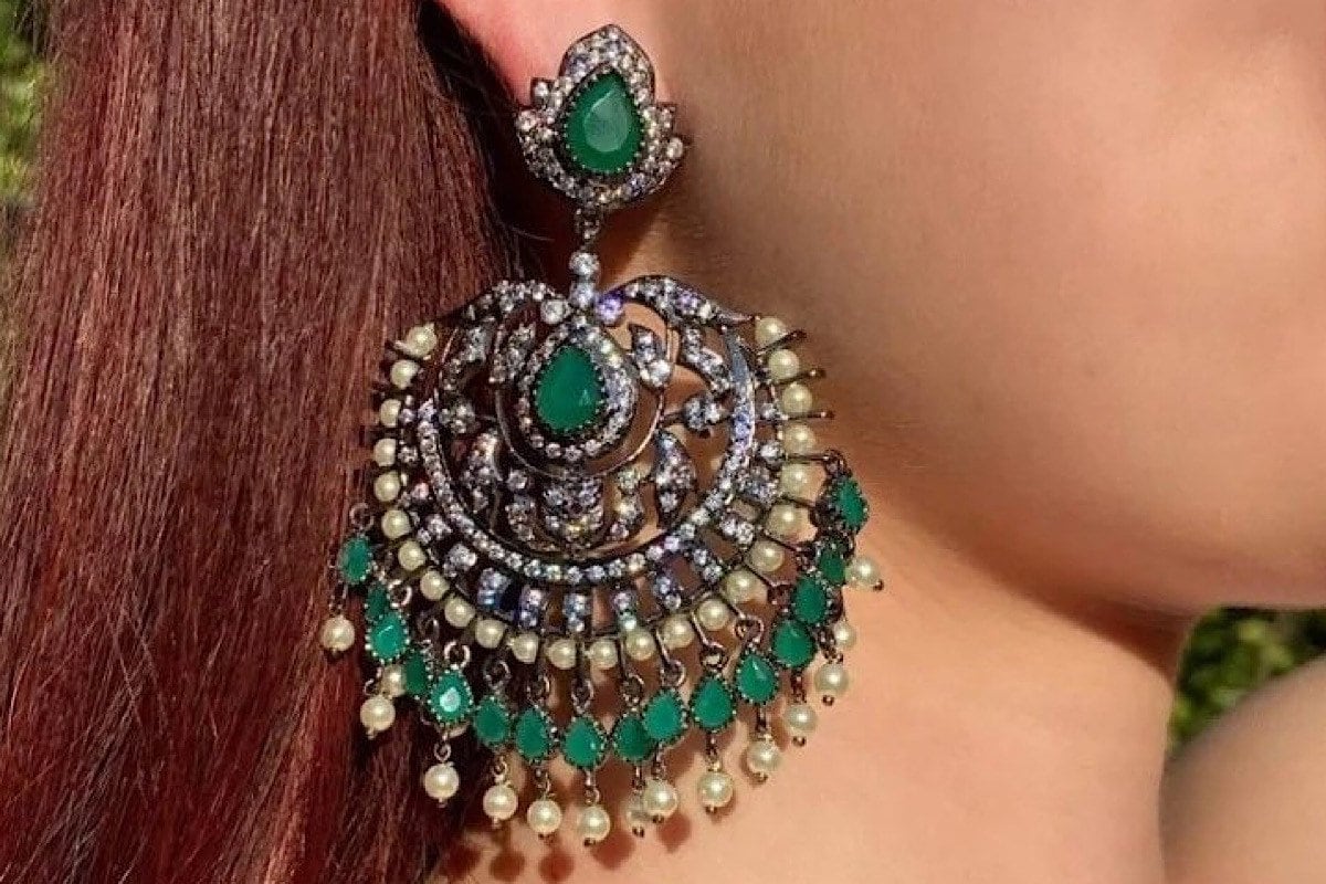 Emerald CZ Earrings • Earrings • Statement Jewelry • Indian Jewelry • Indian Earrings • American Diamond Earrings • Chaandbali